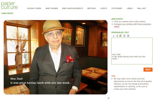 This photo card I created at Paper Culture represents the end of a tech quest I’ve been on for my father: Type a card. Put it in the mail. Don’t get out of your chair.