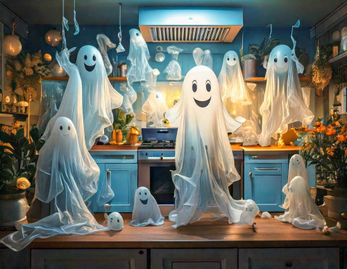 Happy ghosts float in a kitchen