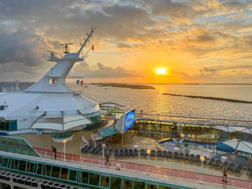 Vision of the Seas at sunrise docked at CocoCay