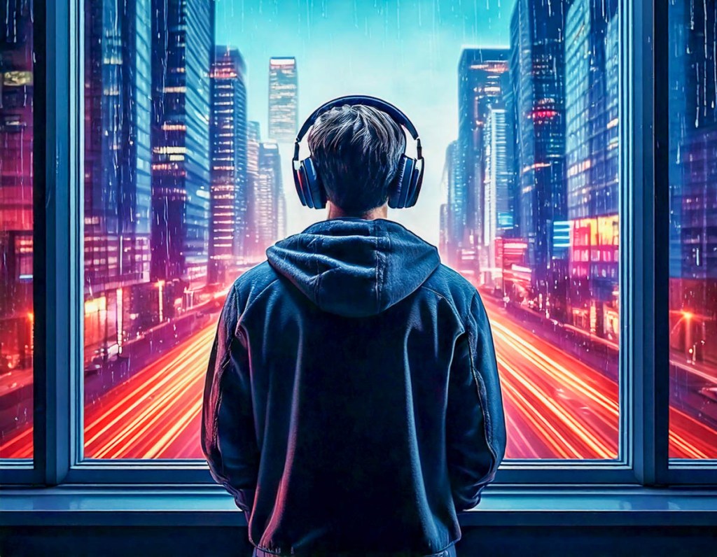 A teenager wearing wireless headphones stares out of a window onto a city street.